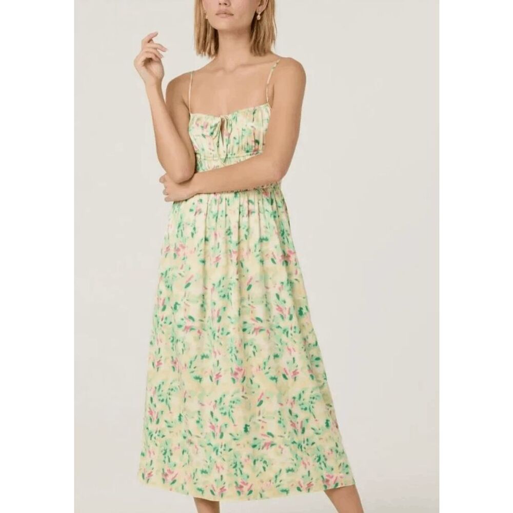ASTR the Label Milkmaid Smocked Waist Dress in Yellow Abstract Size XS $158
